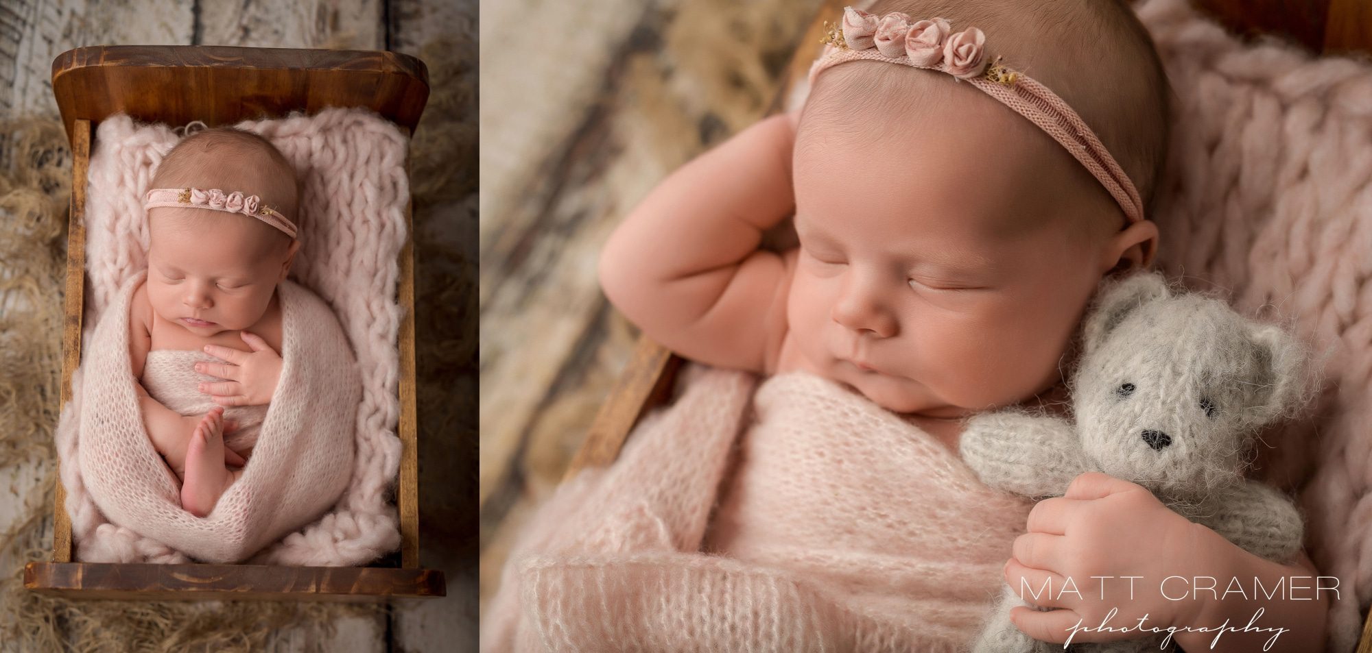 infant girl in baby bed photo prop