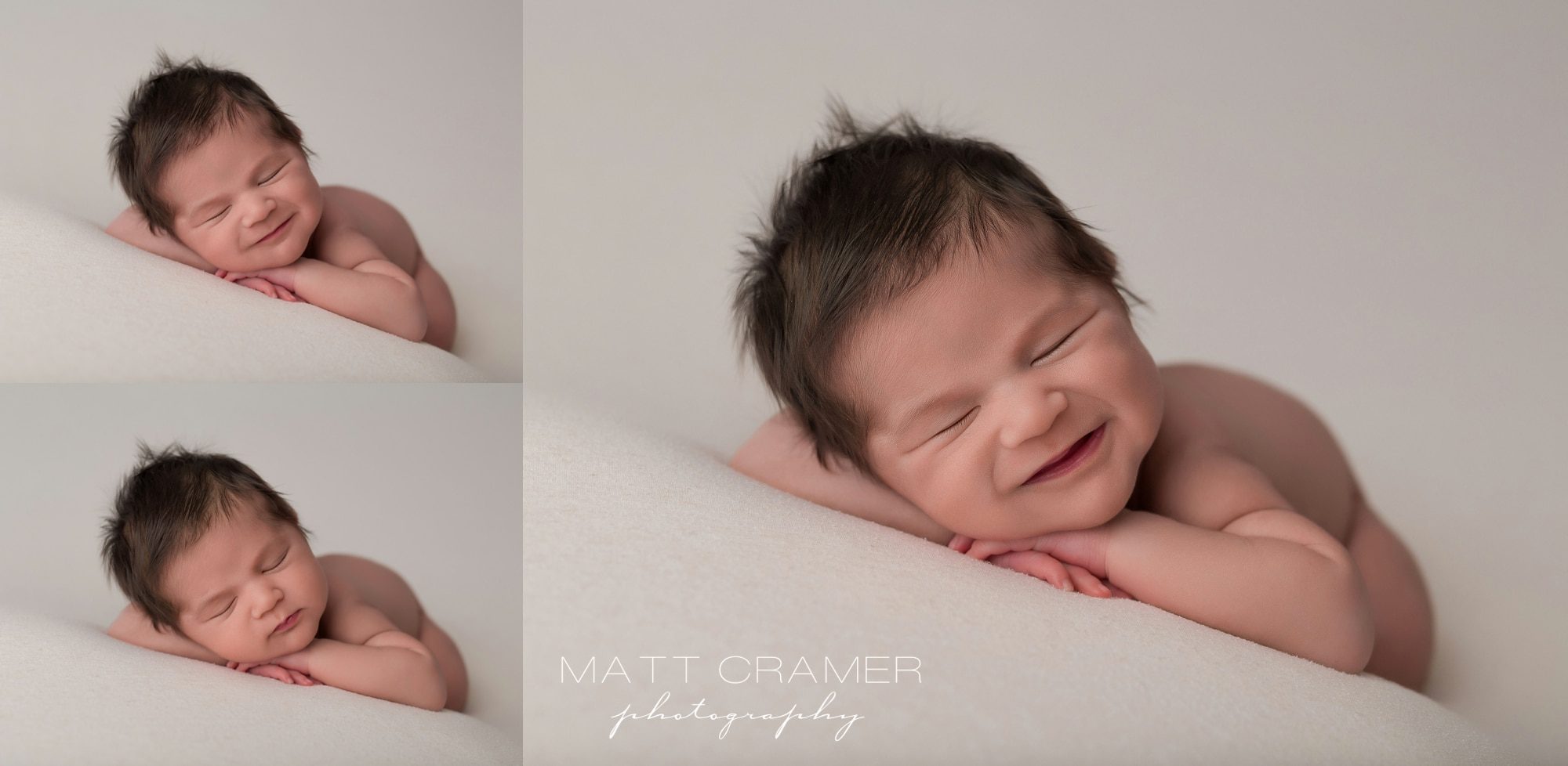 Smiling newborn baby during his los angeles newborn photoshoot