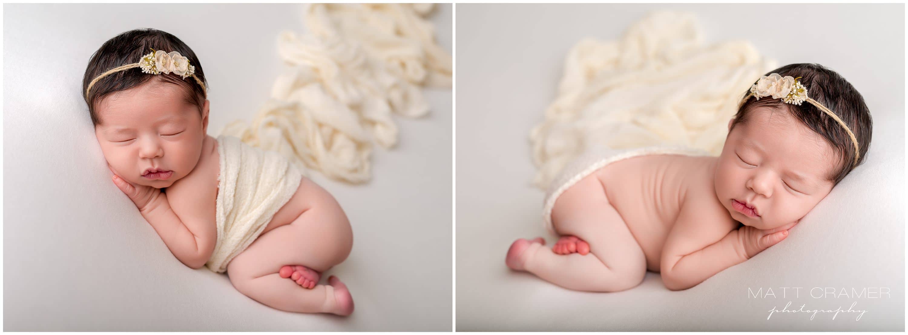 two pictures of newborn baby girl posed on fabric
