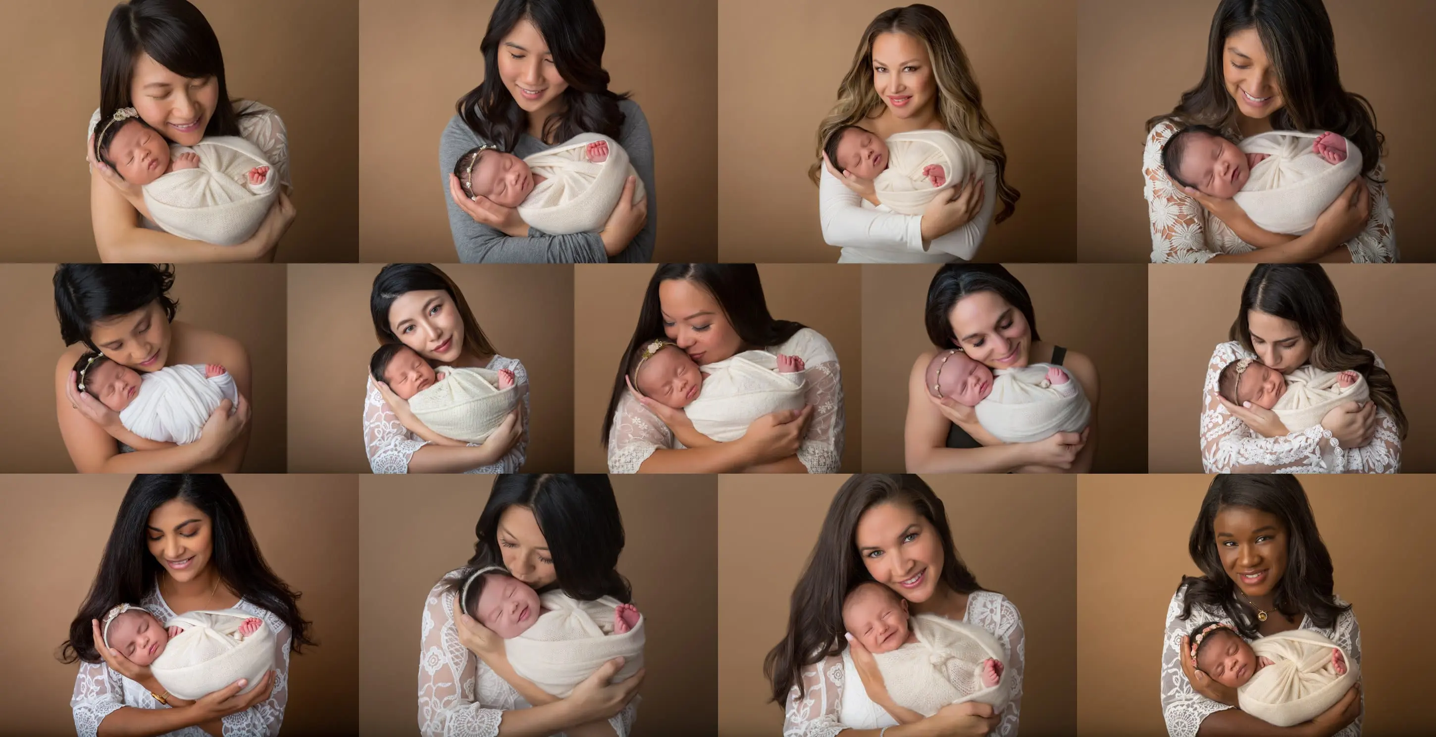 collage of moms holding their newborn babies during a newborn photography photoshoot