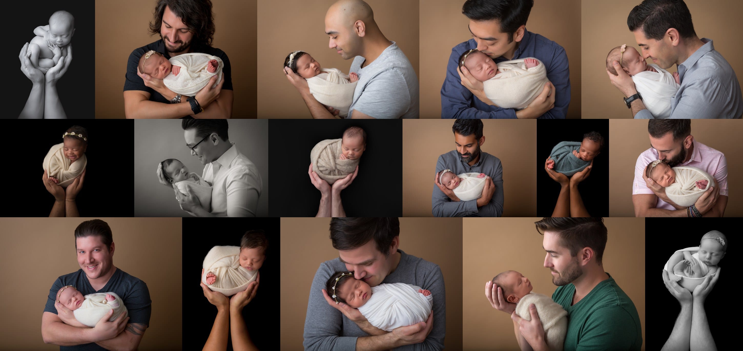 collage of dad with their newborn babies