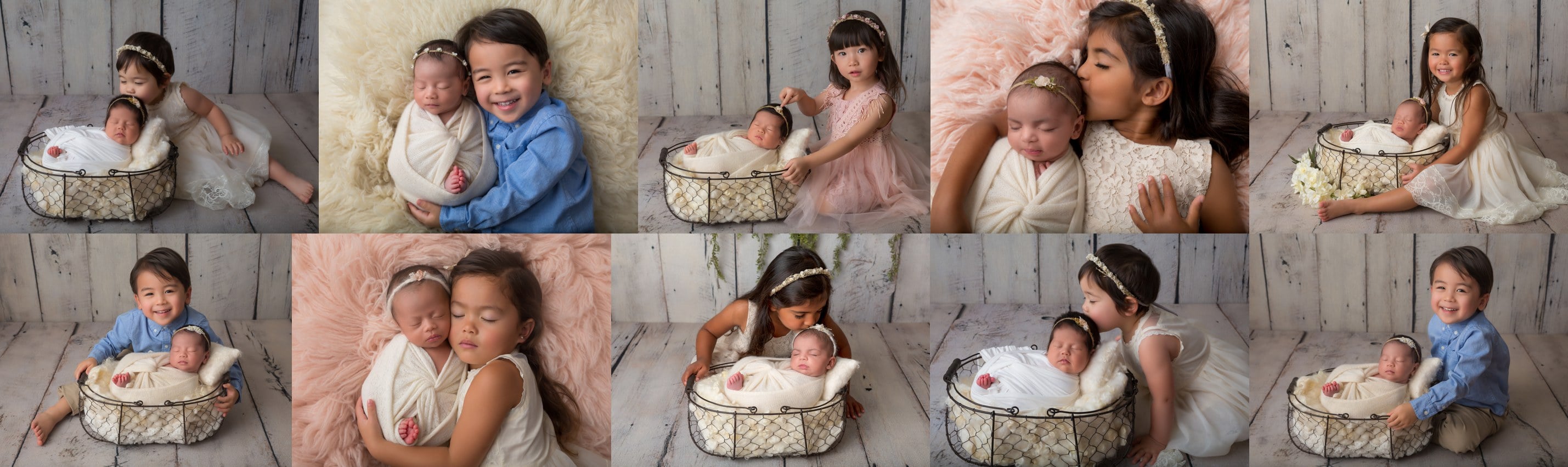 Collage of kids with their newborn siblings at photoshoot