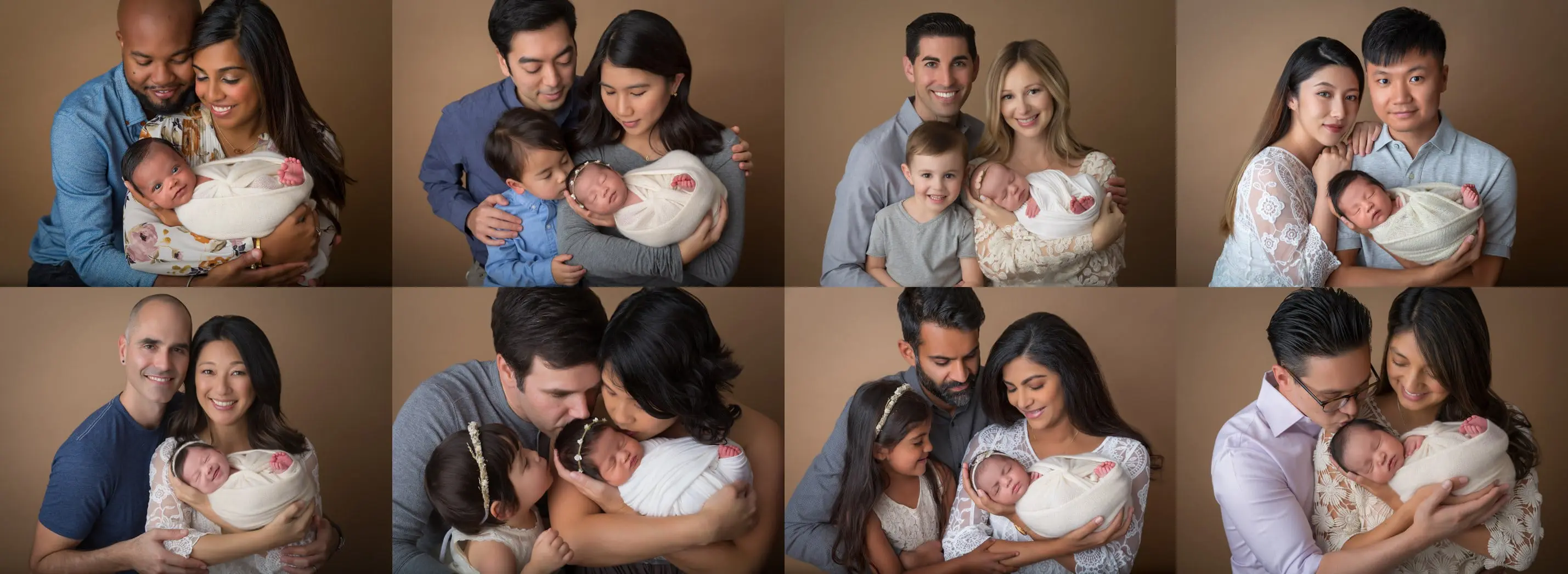 collage of new parents holding their newborn baby girl or boy during a photoshoot