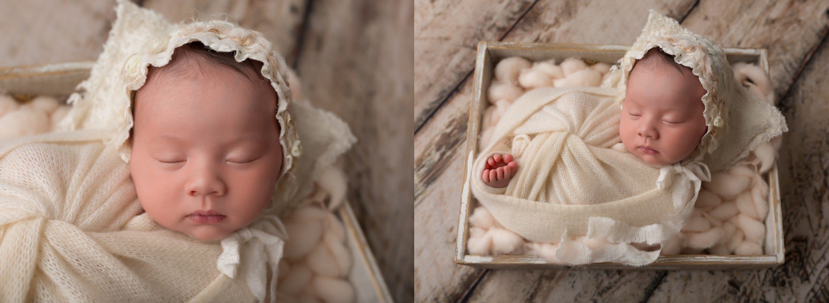 newborn baby girl in white lace bonnet during a los angeles photoshoot