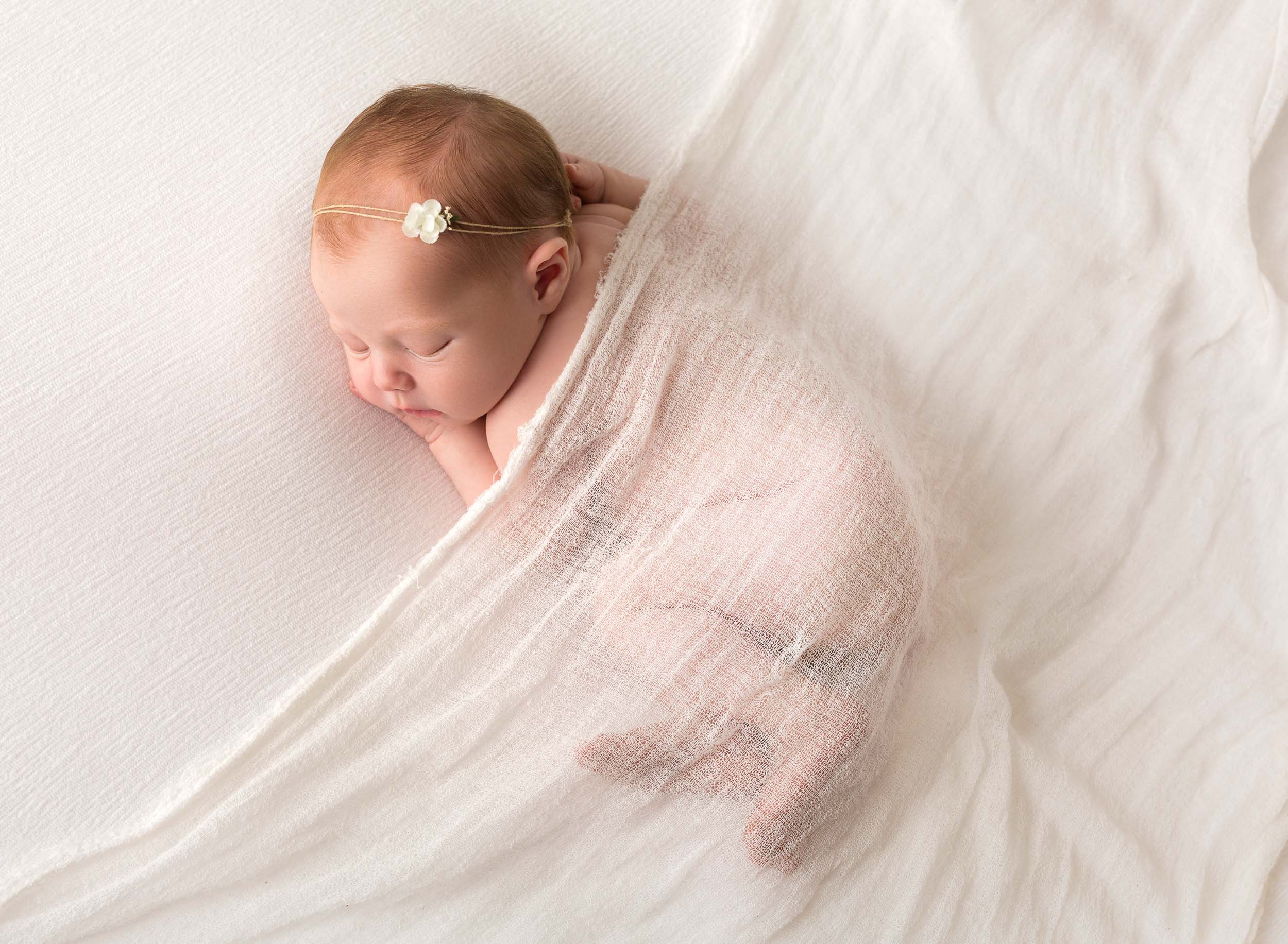 newborn baby covered in sheer wrap